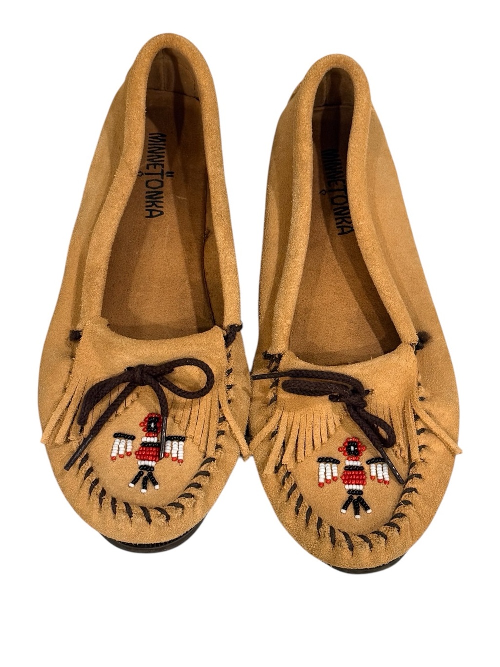 Minnetonka Thunderbird Tan Beaded Suede Moccasin Shoes